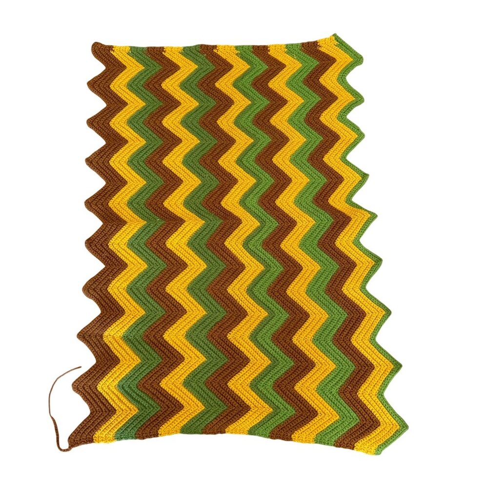 VTG Knit Blanket Lap Partial 17"x36" Chevron Green Brown Yellow 70s Harvest Gold - Picture 3 of 4